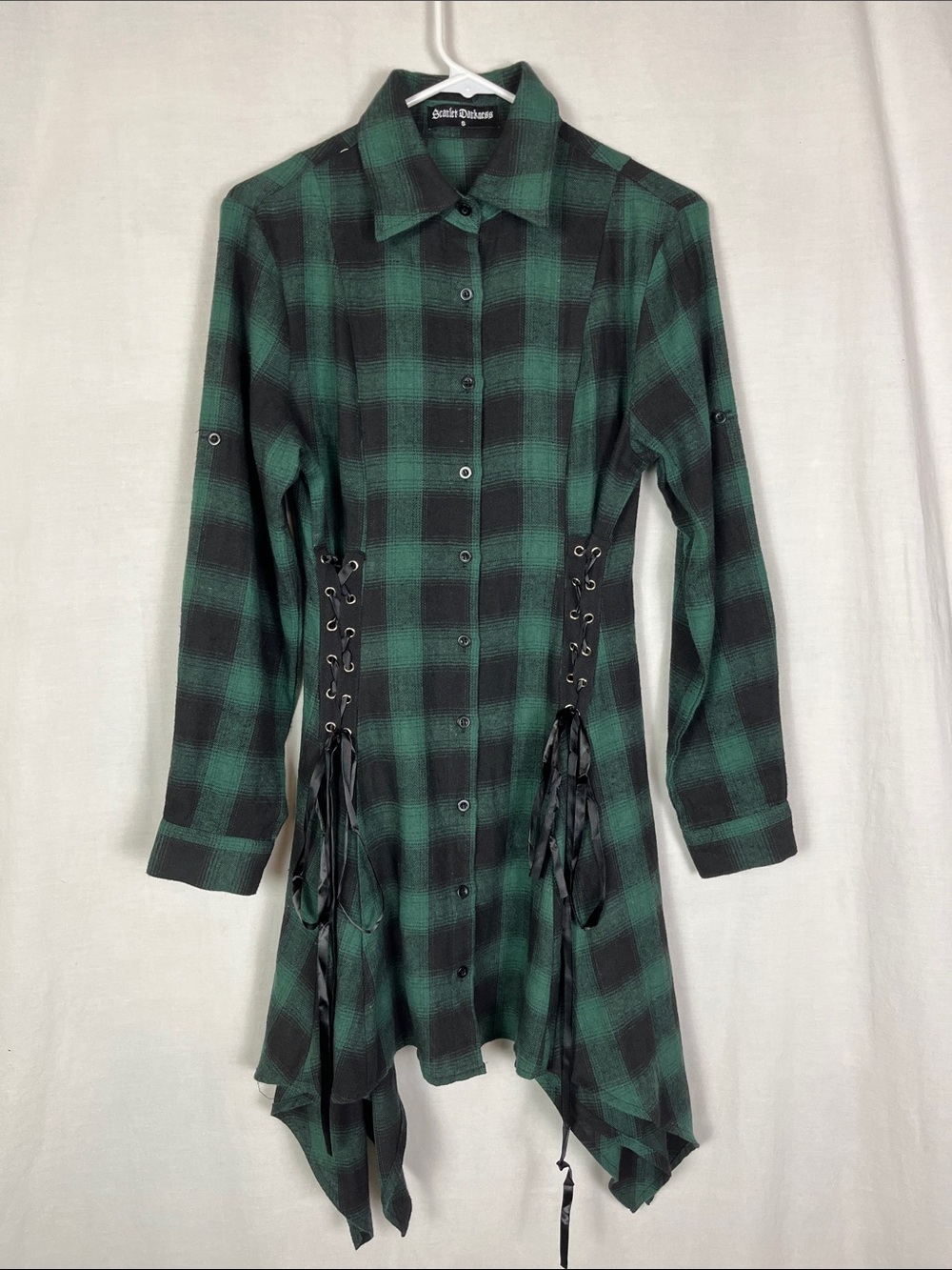 Scarlet Darkness Green Plaid Lace Up Long Sleeve Mini Dress